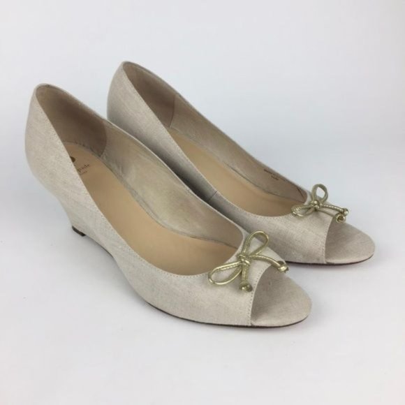 Kate Spade Womens Linen Peep Toe Wedge Heels Beige Cream Shoes Gold Bow size 10 - Picture 3 of 15